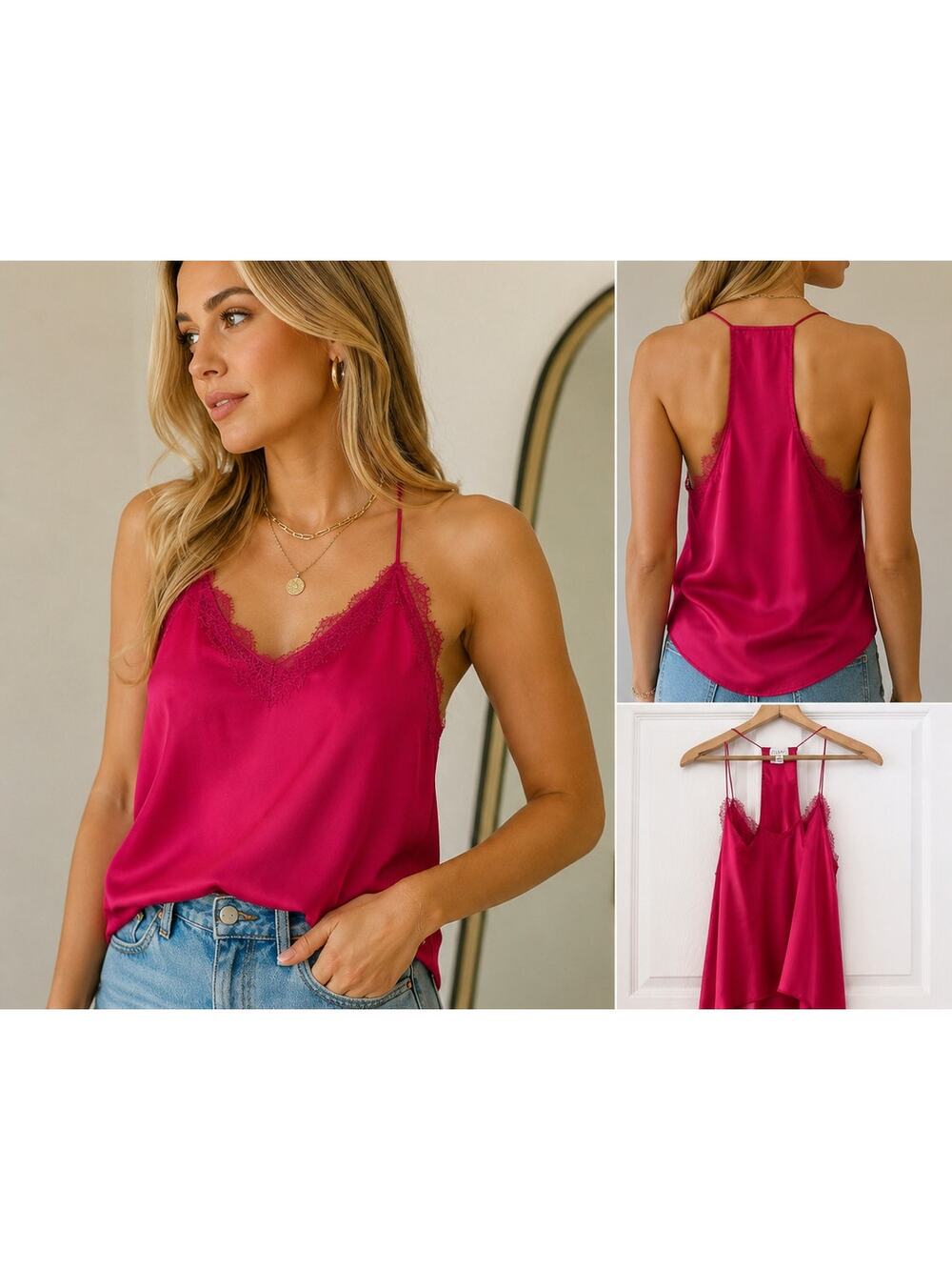 CAMI NYC 100% Silk Racer Cami | Fuchsia Hot Pink | Eyelash Lace | Size M